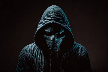 Masked hacker on a dark surface. Generative AI