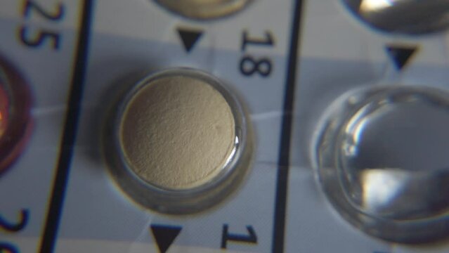 Concept of contraception and birth control. Maco shot of the spinning table of the colorful pills with numbers. High quality 4k footage