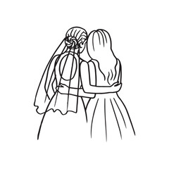 brides stand side by side and back to the viewer at their wedding - hand drawn doodle drawing. lesbian wedding