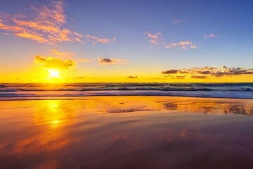 Fototapeta na wymiar Beautiful nature wallpaper of a sunset view at the beach, sea shore, wave, cloud, clear sky