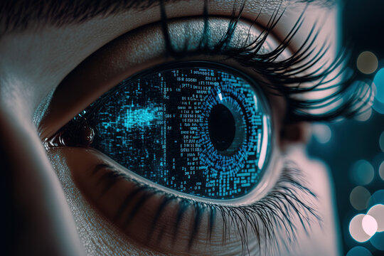 close-up of a hacker wearing glasses and displaying his blue eye with data code reflected on the glass. Generative AI