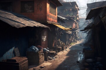 illustration of Slum landscape, inspired from Dharavi slum in Mumbai, India