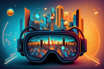 illustration of VR headset with cyber cityscape 