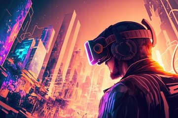 illustration of a handsome man wearing VR headset with cyber theme background