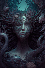 siren, mermaid, underwater, dark fantasy, horror, demons, art illustration