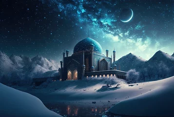 Draagtas illustration of beautiful landscape in winter season with mosque © QuietWord