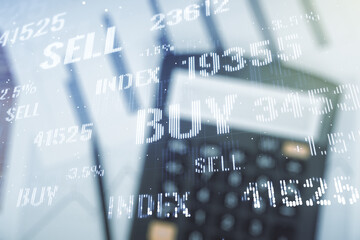 Fototapeta premium Multi exposure of virtual creative financial chart hologram on blurry calculator background, research and analytics concept
