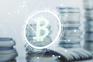 Double exposure of creative Bitcoin symbol hologram on growing stacks of coins background. Cryptocurrency concept