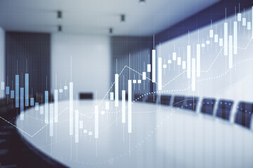 Multi exposure of abstract virtual financial graph hologram on a modern conference room background, forex and investment concept