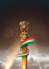 New Emblem of India 2022. 3D look and creative poster design for 26 January, India's republic day.	