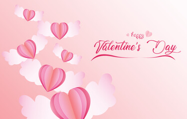 Minimal card Happy Valentine's Day. Paper cut flying heart elements decorate greeting cards in sweet watercolor. vector illustration text on square paper frame