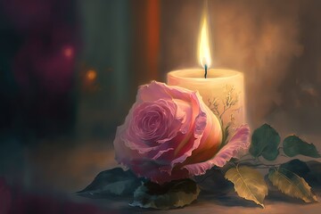 illustration of beautiful pink rose with candle 