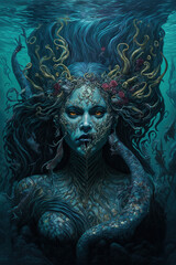 siren, mermaid, underwater, dark fantasy, horror, demons, art illustration
