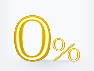 Golden zero percent or 0 % special Offer. Isolated over white background. 3D rendering. 3D illustration.