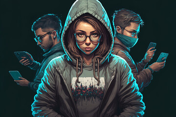 Girl hacker working with her team to steal personal information while sporting glasses and a hoodie. Generative AI - obrazy, fototapety, plakaty