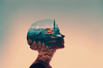Double exposure nature landscape in a woman face. portrait of lady. surreal painting. Concept idea art of lonely, freedom, life, and dream. Generative AI - obrazy, fototapety, plakaty