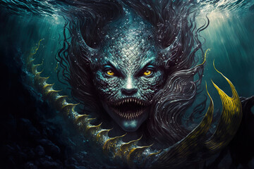 siren, mermaid, underwater, dark fantasy, horror, demons, art illustration - obrazy, fototapety, plakaty