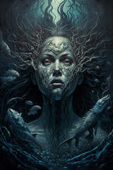 Obraz premium siren, mermaid, underwater, dark fantasy, horror, demons, art illustration
