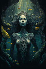 Fototapeta na wymiar siren, mermaid, underwater, dark fantasy, horror, demons, art illustration