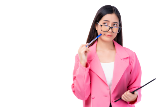 Young asian business woman company worker wear glasses Thinking female holding digital tablet Beautiful lady standing over pink background Businesswomen wear pink suit She thinking and looking up PNG