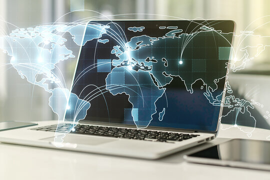 Abstract graphic digital world map with connections on modern computer background, globalization concept. Multiexposure