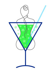 Cocktail bar. Young elegant woman lying in martini glass on white background. Woman Body Art. Female Figure Continuous One Line Abstract Drawing. Vector Illustration