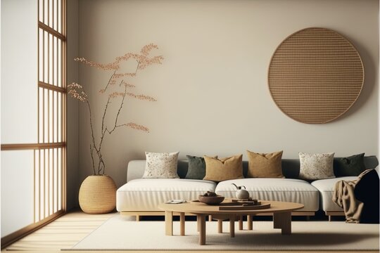 Home Interior In Japanese Style, Wall Mockup In Living Room Background. Digital Illustration. AI