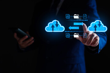 Businessman using cloud technology connect business data. Cloud computing concept idea show on hand. Internet Cloud technology. Digital Data storage. Network and internet service for business concept.