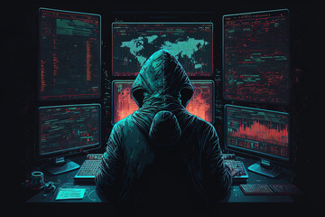 Fototapeta monitor hacking system used by cybercriminals Internet criminal hacking and malware concept: hacker assault web servers in dark room at pc with monitors spreading virus. Generative AI obraz