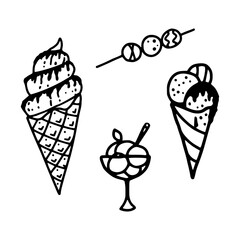 Cold sweets - set of hand drawn isolated vector images. Ice cream, cake pops.