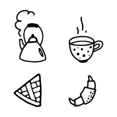 A set of isolated images: a teapot, a piece of pie, a cup of hot tea or coffee, a croissant.
