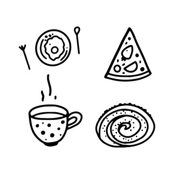 Set of breakfast images. Hot coffee, tea, scrambled eggs, pie, roll. Isolated vector image.