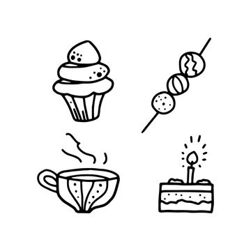 Set of isolated vector images of sweets. Muffin, popcake, tea, cake with a candle.
