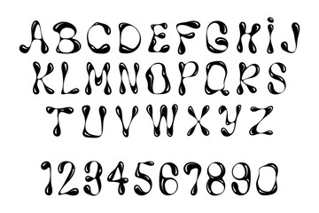 Liquid Mercury font, alphabet. Letters and numbers. flat style