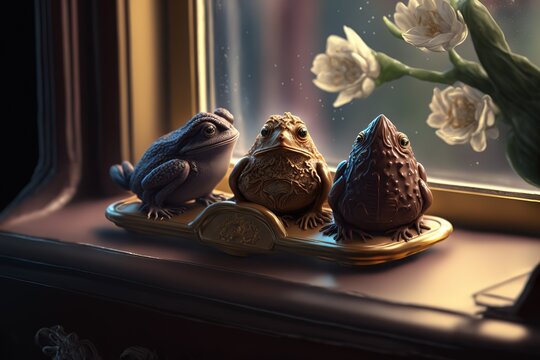 three chocolate frogs, window