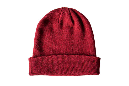 Warm knitted red wool hat on transparent background png, side view