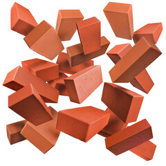 Red bricks falling on PNG background. Flying bricks isolated. Construction industry concept