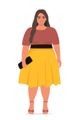 Body positive woman. Plus size female character. Attractive curvy, overweight girl. Oversize obesity, pretty large lady in beautiful fashionable clothes. Vector illustration.