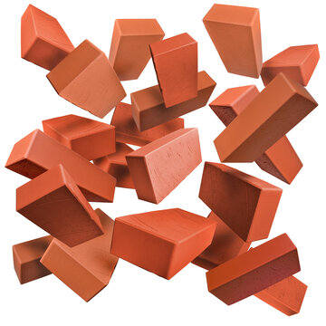 Fototapeta Red bricks falling on PNG background. Flying bricks isolated. Construction industry concept