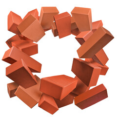 Bricks round frame on PNG background. Red bricks isolated. Construction materials industrial concept
