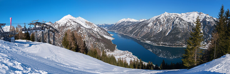 top station of Karwendel bergbahn cableway. view to lake Achensee and austrian alps in winter
