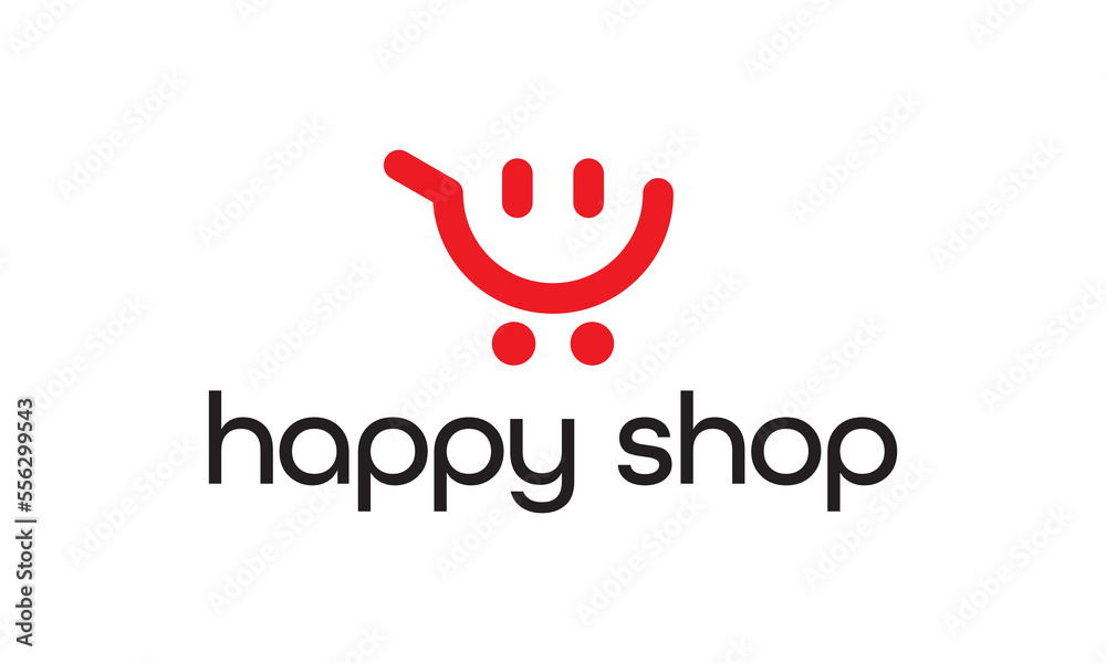 Wall mural shopping cart with smile logo combination. modern minimalist for happy shopping vector design illustration.