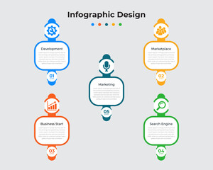 Creative Infographics Design, Business Infographics Template, 5 steps, Can be used for workflow layout, Timeline, Vector illustration