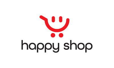 shopping cart with smile logo combination. modern minimalist for happy shopping vector design illustration.