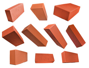 Red clay bricks isolated on png background.  Bricks from different angles