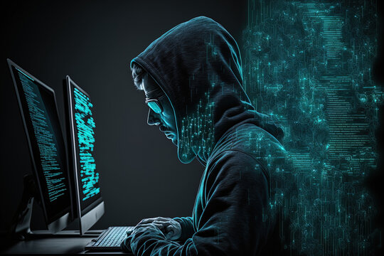 View from the side of a hacker utilizing computers with an abstract, creative digital word hologram on a black background. Generative AI