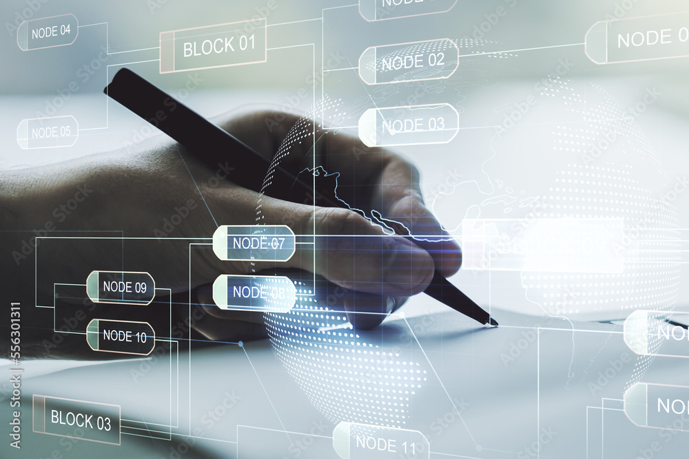 Poster Double exposure of abstract programming language with world map and man hand writing in notebook on background, research and development concept