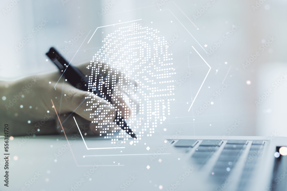 Poster Abstract creative fingerprint illustration with hand writing in diary on background with laptop, personal biometric data concept. Multiexposure