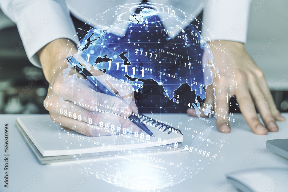 Aufkleber multi exposure of abstract programming language hologram with world map and hand writing in notepad 