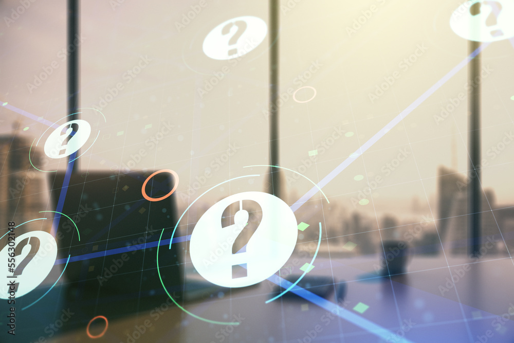 Aufkleber creative abstract question mark sketch and modern desk with computer on background, faq and research